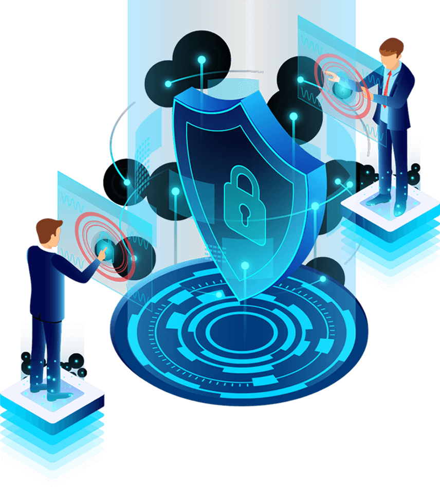 Isometric illustration of a security shield protecting cloud services
